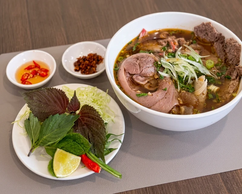 Bowl of bun bo hue Vietnamese noodle soup at Grandma&rsquo;s Kitchen on Dewdney Avenue East, Regina